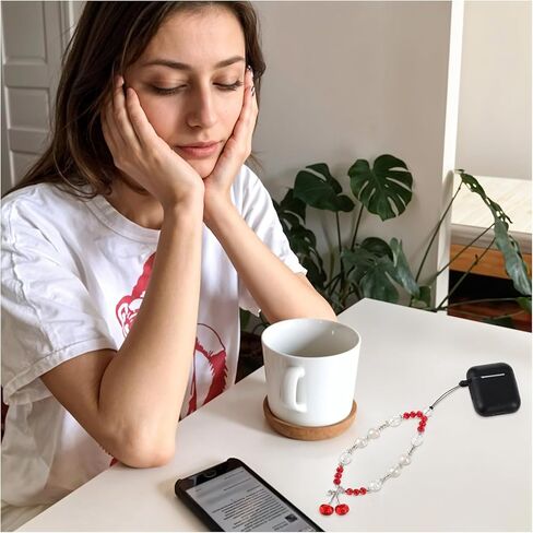 2 Pcs Cherry Phone Charm Red Phone Chain Wristlet Cute Cellphone Lanyard Pearl Camera Charm Wrist Strap Beaded Phones Charms Strap for Wallet Bag Camera in Saudi Arabia