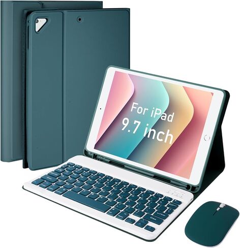 حافظة لوحة مفاتيح لجهاز iPad 9.7 بوصة 2018 (الجيل السادس)/ 2017 (الجيل الخامس)/2016 iPad Pro/Air 1/2، حافظة لوحة مفاتيح بلوتوث قابلة للفصل مع حامل أقلام وماوس مقاس 9.7 بوصة، نوم/تنبيه تلقائي، أخضر داكن in Kuwait