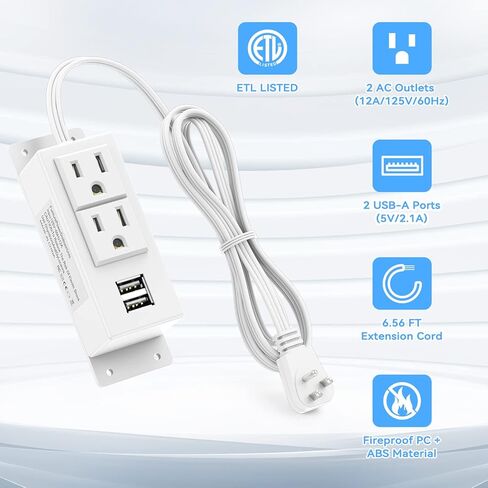 Kungfuking قطاع الطاقة مع USB، مقبس الحائط قابل للتركيب على الحائط حامي التيار الكهربائي مع 2 منافذ تيار متردد و2 منافذ شحن USB سلك تمديد أبيض 6.56 قدم، قابس مسطح in Kuwait