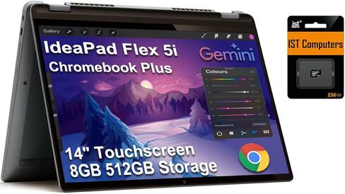 Lenovo IdeaPad 5 Flex 5i Chromebook plus 14 بوصة FHD+ 2 في 1 كمبيوتر محمول يعمل باللمس (Intel 6-Core i3-1315U، ذاكرة الوصول العشوائي 8 جيجابايت، تخزين 512 جيجابايت (256 جيجابايت + 256 جيجابايت SD)) المنزل، الطالب، نحيف، كاميرا ويب 1080 بكسل، إضاءة خلفية،  in Kuwait