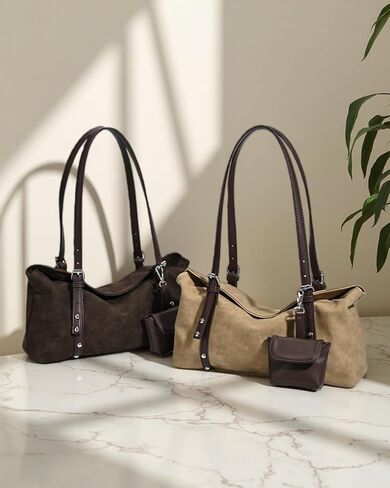 Women’s Vintage Suede Shoulder Bag, 2‑Strap Convertible Crossbody Handbag with Detachable Mini Pouch, Lightweight Boston Bag in Saudi Arabia