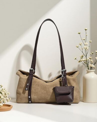 Women’s Vintage Suede Shoulder Bag, 2‑Strap Convertible Crossbody Handbag with Detachable Mini Pouch, Lightweight Boston Bag in Saudi Arabia