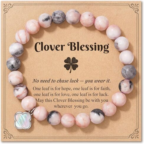 HGDEER Four Leaf Clover Beaded Bracelet for Women Teen Girls, 8mm Natural Stone Lucky Irish Jewelry Gifts, with Quote Card and Velvet Gift Pouch in Saudi Arabia