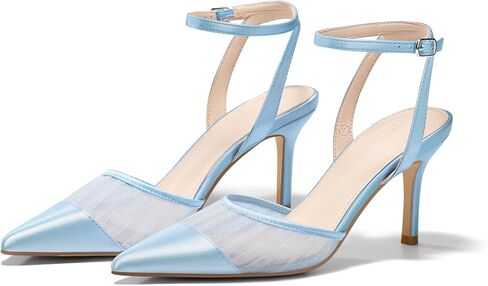 Coutgo Womens Mesh High Heels Satin Closed Pointed Toe Pumps Patchwork Wedding Dress Shoes in Saudi Arabia