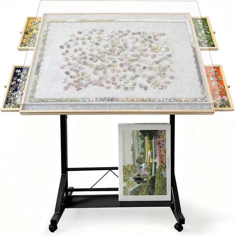 1500 Piece Jigsaw Puzzle Table with Drawers, Adjustable Wooden Rotating Puzzle Board with Legs and Cover, Portable Large Movable Puzzles Tables with Wheels & Storage for Adults in Saudi Arabia