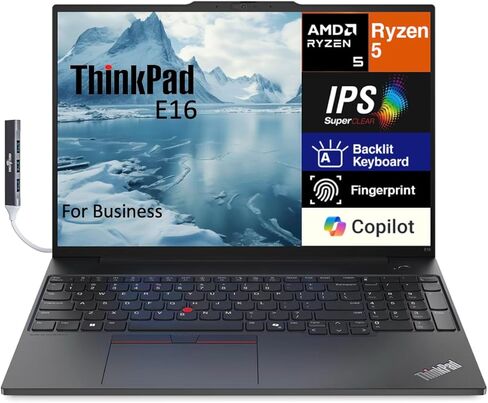 كمبيوتر محمول Lenovo Thinkpad E16 Business مقاس 16.0 بوصة IPS WUXGA (AMD Ryzen 5 7535U، 32 جيجابايت DDR5، 512 جيجابايت PCIe SSD، بإضاءة خلفية KYB، بصمة الإصبع، WiFi 6، BT 5.3، Win 11 Pro) مع موسع منفذ USB DKZ in Kuwait