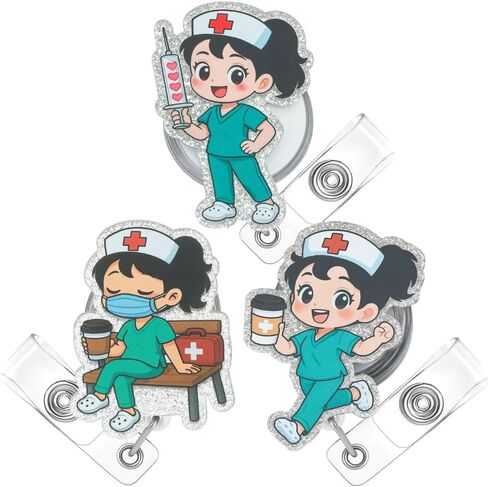 3 PC Nurse Badge Cenly Cute Funny Pink Name Tag Clip حامل قابلية للسحب للممرضات للممرضات المساعد الطبي الملحقات الصيدلية الطالب RN CNA ER المستشفى هدايا كبيرة in Saudi Arabia