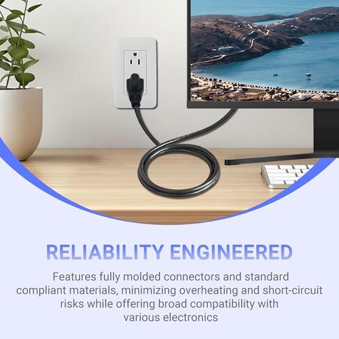كابل سلك الطاقة، 5 أقدام، 18 AWG 2C، 250 فولت 10 أمبير، سلك طاقة تيار متردد بديل 3 شقوق للكمبيوتر والتلفزيون والشاشة والطابعة وأجهزة المطبخ - عبوتان in Kuwait