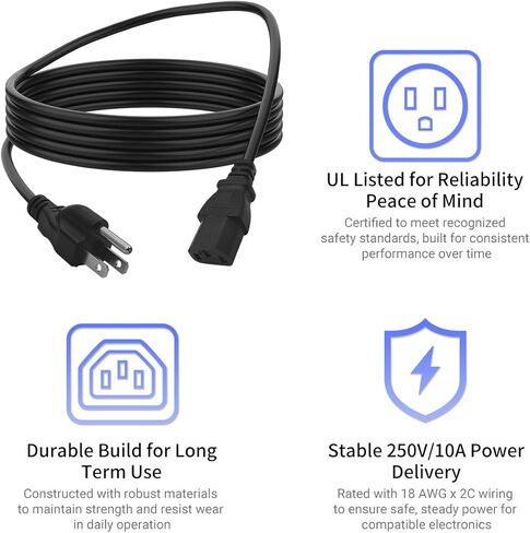 كابل سلك الطاقة، 5 أقدام، 18 AWG 2C، 250 فولت 10 أمبير، سلك طاقة تيار متردد بديل 3 شقوق للكمبيوتر والتلفزيون والشاشة والطابعة وأجهزة المطبخ - عبوتان in Kuwait