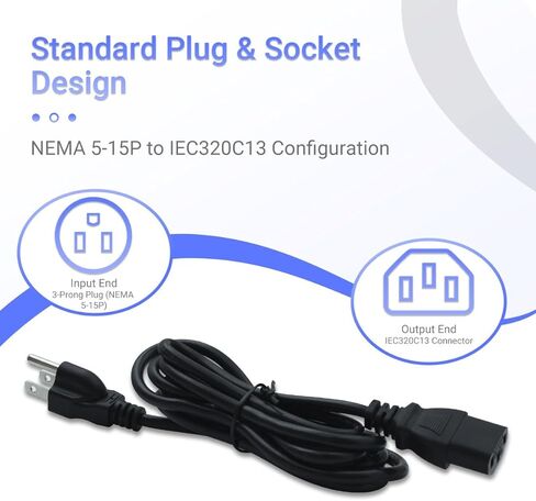 كابل سلك الطاقة، 5 أقدام، 18 AWG 2C، 250 فولت 10 أمبير، سلك طاقة تيار متردد بديل 3 شقوق للكمبيوتر والتلفزيون والشاشة والطابعة وأجهزة المطبخ - عبوتان in Kuwait