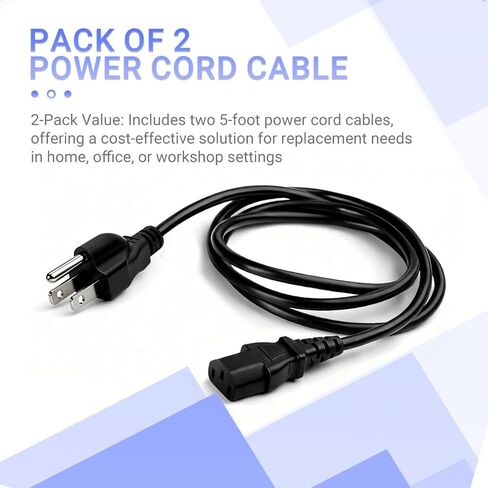 كابل سلك الطاقة، 5 أقدام، 18 AWG 2C، 250 فولت 10 أمبير، سلك طاقة تيار متردد بديل 3 شقوق للكمبيوتر والتلفزيون والشاشة والطابعة وأجهزة المطبخ - عبوتان in Kuwait