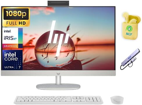 كمبيوتر مكتبي HP 27 بوصة FHD الكل في واحد، معالج Intel Ultra 7 12 نواة، ذاكرة الوصول العشوائي 32 جيجابايت، تخزين 1.5 تيرابايت (1 تيرابايت SSD + مجموعة إرساء 512 جيجابايت)، Windows 11، لوحة مفاتيح وماوس لاسلكيين، سماعات NLY، أبيض in Kuwait