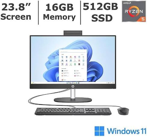 HP All-in-One Desktop PC, 23.8-inch FHD Touchscreen, AMD Ryzen 5 7520U, AMD Radeon Graphics, 16GB RAM, 512GB SSD, Camera, Windows 11 Home, Jet Black, 24-cr0111 (Renewed) in Kuwait
