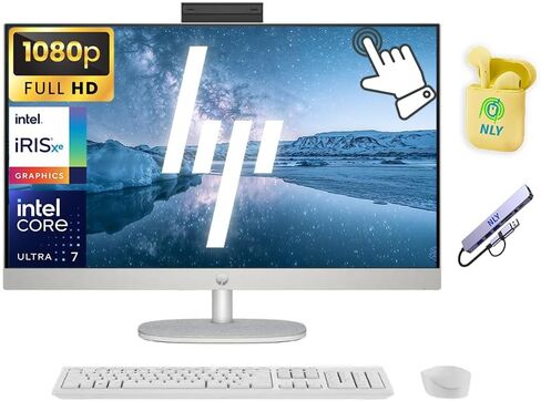 HP 27" FHD Touchscreen All-in-One Desktop Computer, 12-core Intel Ultra 7 Processor, 32GB RAM 1.5TB Storage (1TB SSD+512GB Docking Set), Windows 11, Wireless Keyboard & Mouse, NLY Earphones, White in Saudi Arabia