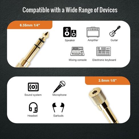 Tecmojo 6.35 ملم (1/4 بوصة) ذكر إلى 3.5 ملم (1/8 بوصة) محول مقبس صوت ستيريو أنثى لكابل Aux، مضخم الجيتار، سماعات الرأس، البيانو، الطبول، مطلي بالذهب 24 قيراط، عبوتان in Kuwait