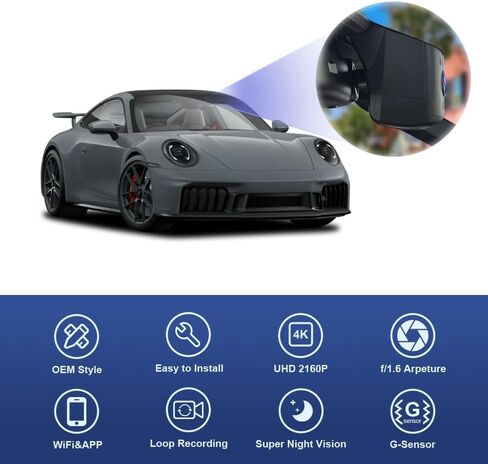 Fitcamx 4K Dash Cam for 2025-2026 Porsche 911 & 911 GT3 RS & Turbo S (992.5) Cabriolet Coupe, OEM Factory Look, UHD 2160P Video, WiFi & APP, Loop Recording, Parking Mode, Easy to Install, 64GB Card in Saudi Arabia