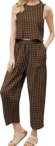 Women's Cotton Checker 2 Piece Set, Summer Wide Leg Crop Pants Outfit for Beach Vacation & Travel in Saudi Arabia