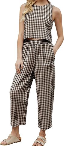 Women's Cotton Checker 2 Piece Set, Summer Wide Leg Crop Pants Outfit for Beach Vacation & Travel in Saudi Arabia