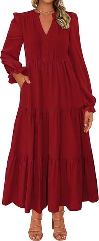 Lazysmile Dresses for Women 2025 Fall Long Sleeve V Neck Button Down A-Line Flowy Casual Boho Maxi Dress with Pockets in Saudi Arabia
