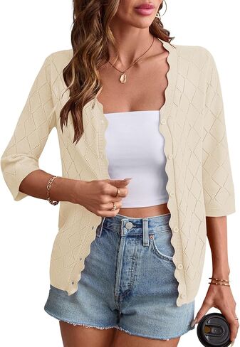 Rapbin Cardigans for Women Lightweight 3/4 Sleeve Crochet Textured Shrug for Dresses Open Front V Neck Button Down Top in Saudi Arabia