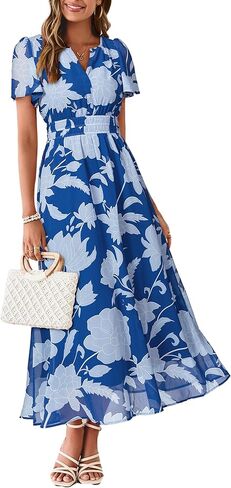 Simplee Women Floral Summer Maxi Dress Boho Flowy Casual Chiffon Short Sleeves V Neck Long Wedding Guest Dresses in Saudi Arabia