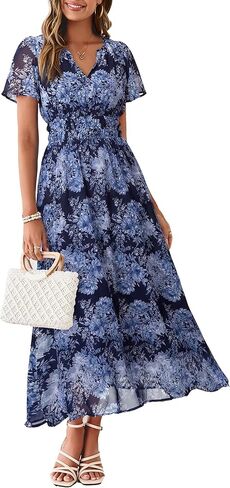 Simplee Women Floral Summer Maxi Dress Boho Flowy Casual Chiffon Short Sleeves V Neck Long Wedding Guest Dresses in Saudi Arabia
