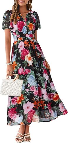 Simplee Women Floral Summer Maxi Dress Boho Flowy Casual Chiffon Short Sleeves V Neck Long Wedding Guest Dresses in Saudi Arabia