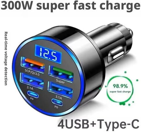 6-in-1 Ultra Fast Charging in-Car Device with Digital Display, QC3.0+2PD Fast Charge Plug & Play for iPhone/Samsung/Tablet (High-Power, Battery-Free) in Saudi Arabia