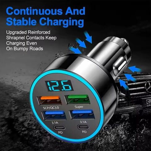 6-in-1 Ultra Fast Charging in-Car Device with Digital Display, QC3.0+2PD Fast Charge Plug & Play for iPhone/Samsung/Tablet (High-Power, Battery-Free) in Saudi Arabia