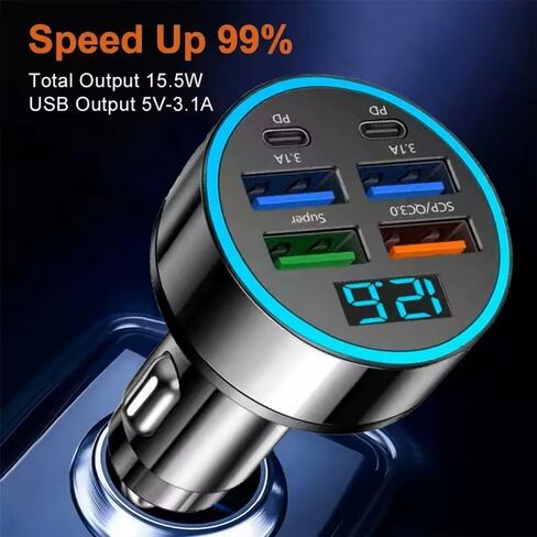 6-in-1 Ultra Fast Charging in-Car Device with Digital Display, QC3.0+2PD Fast Charge Plug & Play for iPhone/Samsung/Tablet (High-Power, Battery-Free) in Saudi Arabia