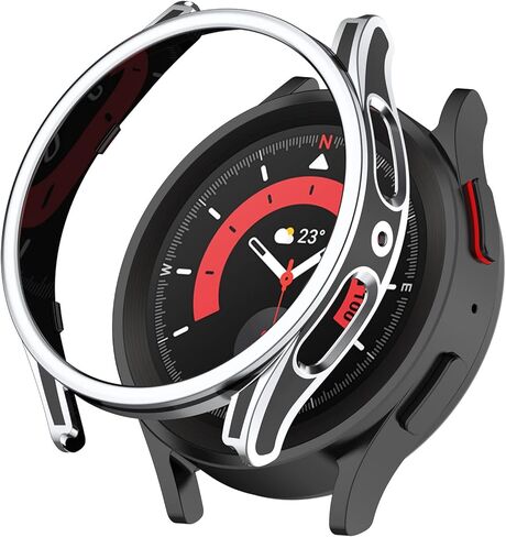 Smartwatch Full Coverage PC Protective Case Cover with Tempered Glass Screen Protector Compatible with Samsung Watch 5 40mm, Soft and Durable(Black+Silvery) in Saudi Arabia