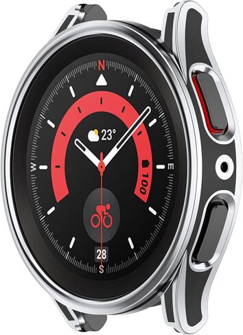 Smartwatch Full Coverage PC Protective Case Cover with Tempered Glass Screen Protector Compatible with Samsung Watch 5 40mm, Soft and Durable(Black+Silvery) in Saudi Arabia