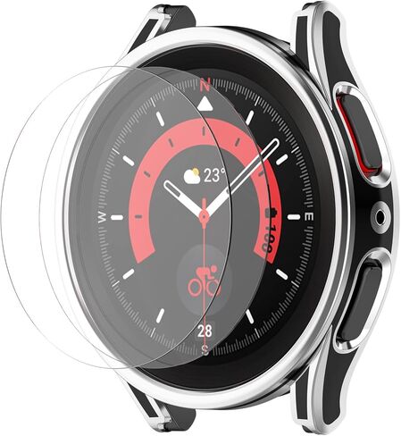 Smartwatch Full Coverage PC Protective Case Cover with Tempered Glass Screen Protector Compatible with Samsung Watch 5 40mm, Soft and Durable(Black+Silvery) in Saudi Arabia