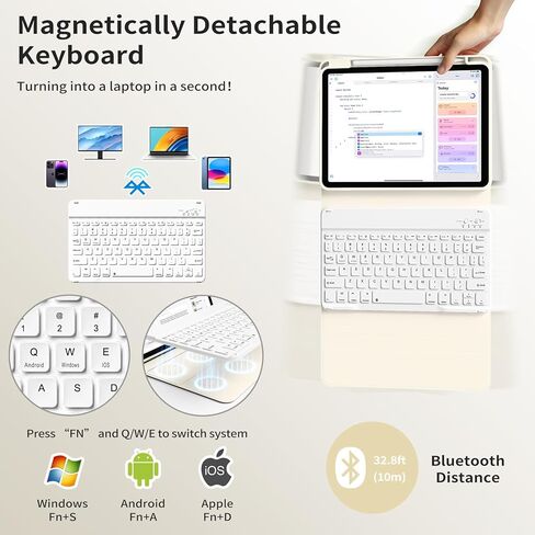 حافظة لوحة مفاتيح kenke لجهاز iPad 11 بوصة A16 2025/الجيل العاشر 10.9 بوصة 2022، غطاء لوحة مفاتيح رفيع قابل للطي مع حامل أقلام، لوحة مفاتيح لاسلكية مغناطيسية قابلة للفصل، تنبيه/غفو تلقائي، أبيض كريمي in Saudi Arabia