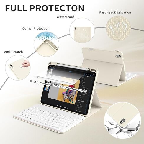 حافظة لوحة مفاتيح kenke لجهاز iPad 11 بوصة A16 2025/الجيل العاشر 10.9 بوصة 2022، غطاء لوحة مفاتيح رفيع قابل للطي مع حامل أقلام، لوحة مفاتيح لاسلكية مغناطيسية قابلة للفصل، تنبيه/غفو تلقائي، أبيض كريمي in Saudi Arabia