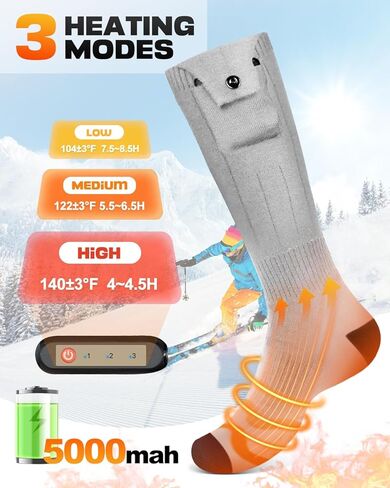 جوارب ساخنة، 3 إعدادات للتدفئة، جورب ساخن قابل للغسل لصيد الأسماك والتزلج والصيد والمشي لمسافات طويلة وركوب الخيل والتزلج، جوارب كهربائية قابلة لإعادة الشحن بقدرة 5000 مللي أمبير للرجال والنساء، هدايا عيد الحب in Kuwait