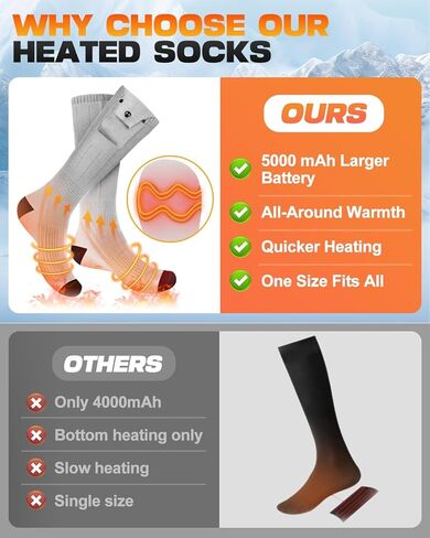 جوارب ساخنة، 3 إعدادات للتدفئة، جورب ساخن قابل للغسل لصيد الأسماك والتزلج والصيد والمشي لمسافات طويلة وركوب الخيل والتزلج، جوارب كهربائية قابلة لإعادة الشحن بقدرة 5000 مللي أمبير للرجال والنساء، هدايا عيد الحب in Kuwait