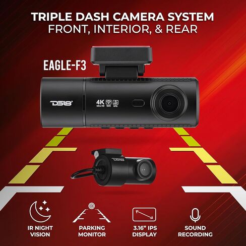 DS18 Eagle-F3 4K Dash Cam Triple Front Cabin and Rear, WiFi GPS Dash Cam with Night Vision, 24/7 Parking Mode, G-Sensor, Loop Recording, Includes 64GB microSD Card in Saudi Arabia