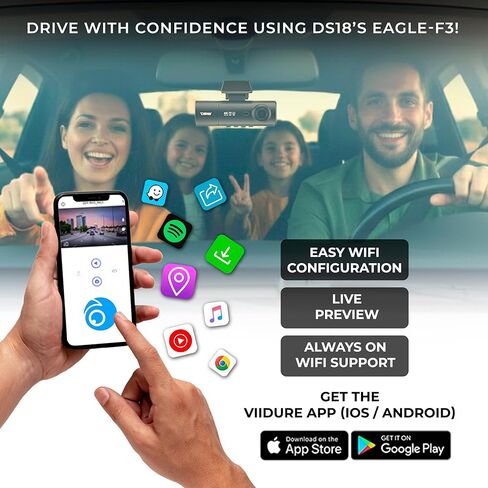 DS18 Eagle-F3 4K Dash Cam Triple Front Cabin and Rear, WiFi GPS Dash Cam with Night Vision, 24/7 Parking Mode, G-Sensor, Loop Recording, Includes 64GB microSD Card in Saudi Arabia