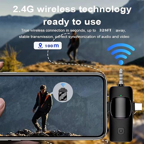 ميكروفون لاسلكي صغير 3 في 1 لأجهزة iPhone وAndroid والكاميرا - مثالي لمدونات الفيديو وإنشاء المحتوى وتسجيل الفيديو مع تقليل الضوضاء بالذكاء الاصطناعي، نطاق 328 قدمًا وعمر البطارية 20 ساعة in Kuwait