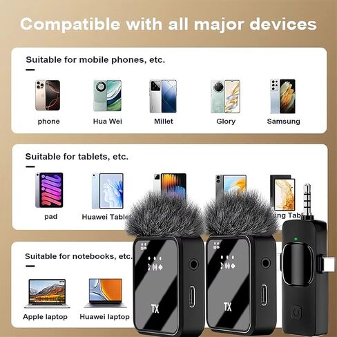ميكروفون لاسلكي صغير 3 في 1 لأجهزة iPhone وAndroid والكاميرا - مثالي لمدونات الفيديو وإنشاء المحتوى وتسجيل الفيديو مع تقليل الضوضاء بالذكاء الاصطناعي، نطاق 328 قدمًا وعمر البطارية 20 ساعة in Kuwait