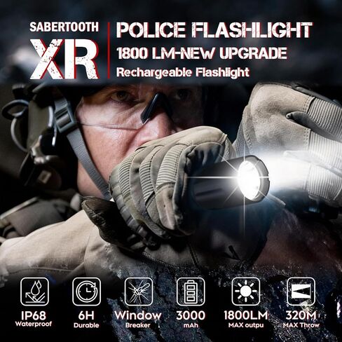 SABERTOOTH Police Tactical Flashlights 1800 High Lumen with Holster for Duty Belt,LED Flashlights for Camping Emergencies-XR3.0 in Saudi Arabia