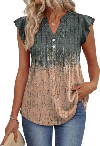 OFEEFAN Summer Tops for Women Button Down Blouses for Women Dressy Casual V Neck T Shirts Ruffle Sleeve in Saudi Arabia