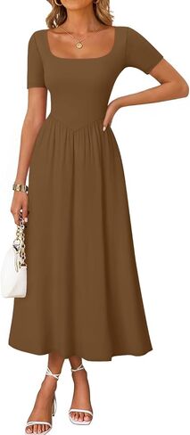 ZESICA Summer Dresses for Women 2026 Elegant Classy Square Neck Short Sleeve Flowy Cocktail Party Midi Dress in Saudi Arabia