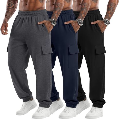 3 Pack Men's Cargo Sweatpants Baggy Joggers Casual Drawstring Pants Lightweight Workout Tapered with Pockets in Saudi Arabia