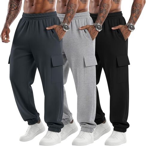 3 Pack Men's Cargo Sweatpants Baggy Joggers Casual Drawstring Pants Lightweight Workout Tapered with Pockets in Saudi Arabia