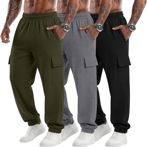 3 Pack Men's Cargo Sweatpants Baggy Joggers Casual Drawstring Pants Lightweight Workout Tapered with Pockets in Saudi Arabia
