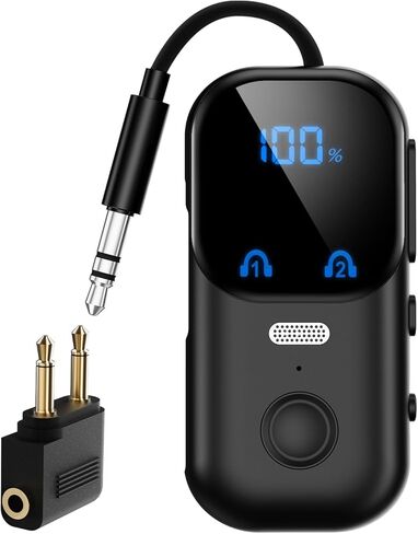 جهاز إرسال بلوتوث 5.4 مع محول aptX Adaptive، محول صوت لاسلكي 2 في 1 للسفر بالطائرة، محول بلوتوث لجهازي AirPods، مقبس AUX 3.5 ملم لمكبرات صوت ستيريو للسيارة - رمادي داكن in Kuwait