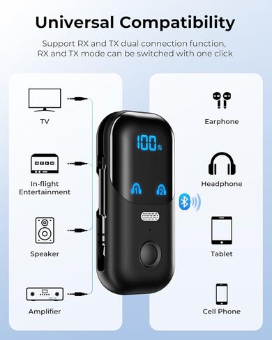 جهاز إرسال بلوتوث 5.4 مع محول aptX Adaptive، محول صوت لاسلكي 2 في 1 للسفر بالطائرة، محول بلوتوث لجهازي AirPods، مقبس AUX 3.5 ملم لمكبرات صوت ستيريو للسيارة - رمادي داكن in Kuwait
