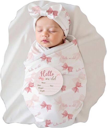 Ylsteed Newborn Receiving Blanket Headband Set， Baby Swaddle Floral Swaddle Wrap， Baby Swaddle Blankets for Newborns with Hat， Swaddling Wrap 32 x 32 inches Soft and Skin-Friendly in Kuwait